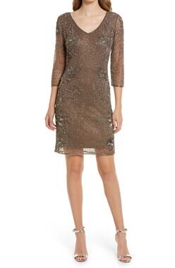 NWT Pissarro Nights Beaded V-neck Cocktail Dress V-Neck Mocha Brown Size 10, 12